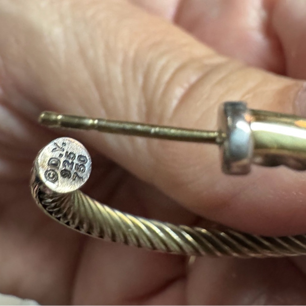David Yurman 18k & SS Twist Hoop Earrings - Silver cable inside 18k outside - Picture 5 of 11